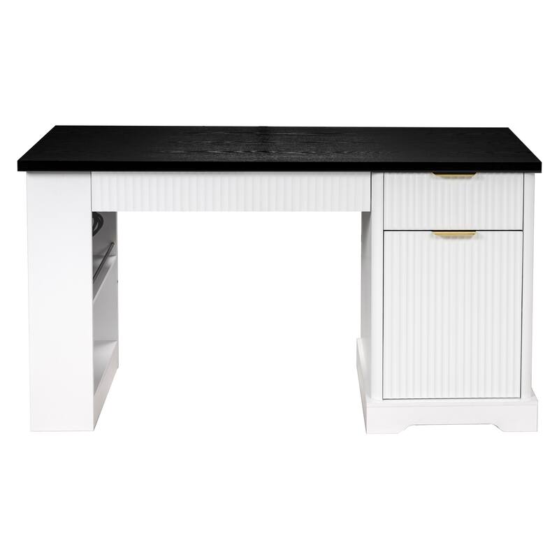 Wooden Executive Desk with Storage, Workstation Home Office Desk Computer Desk with Power Outlet, Pegboard and Keyboard Tray