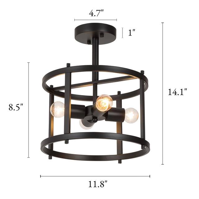 Raretta Modern Black 4-Light Metal Drum Farmhouse Lantern Semi-flush Ceiling Light for hallway - W11.8"xH13.2"