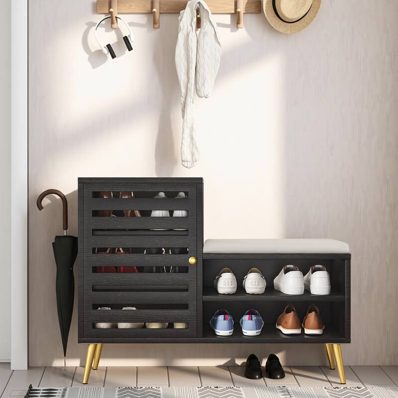 Javlergo L-Shaped Entryway Bench with Shoe Storage PU Cushion & Magnetic Shutter Door Hall Bench with Gold Legs for Living Room