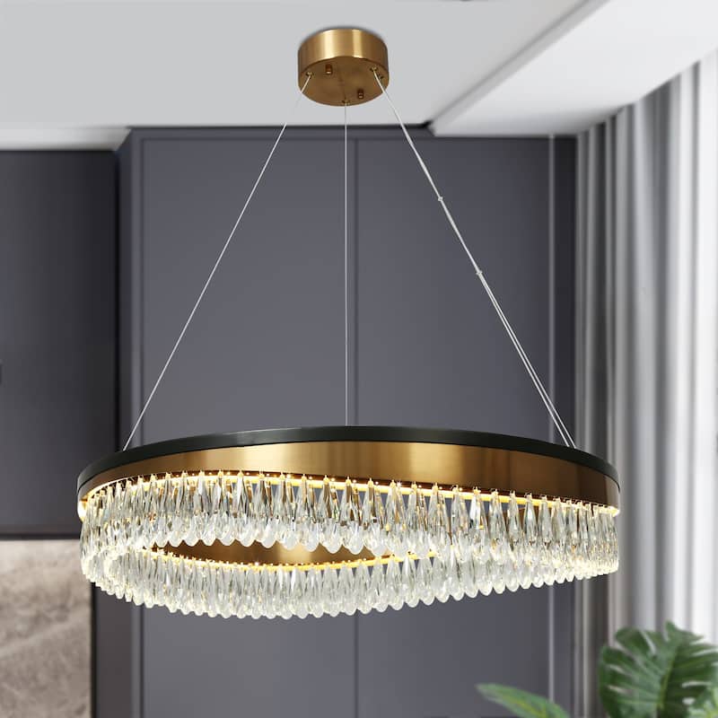 Modern 1-Light LED Crystal Chandelier Black Gold Drum Lights for Living Dining Room - D31.5" x H6"