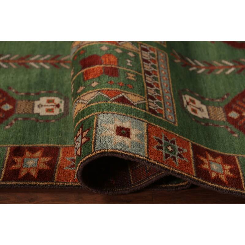 Tribal Green Kazak Indian Runner Rug Hand-Knotted Wool Carpet - 3'11"x 9'10"