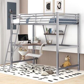 Modern Twin Size Metal&MDF Loft Bed Kids Bed with Built-in Desk and Shelves,Strong Metal Frame