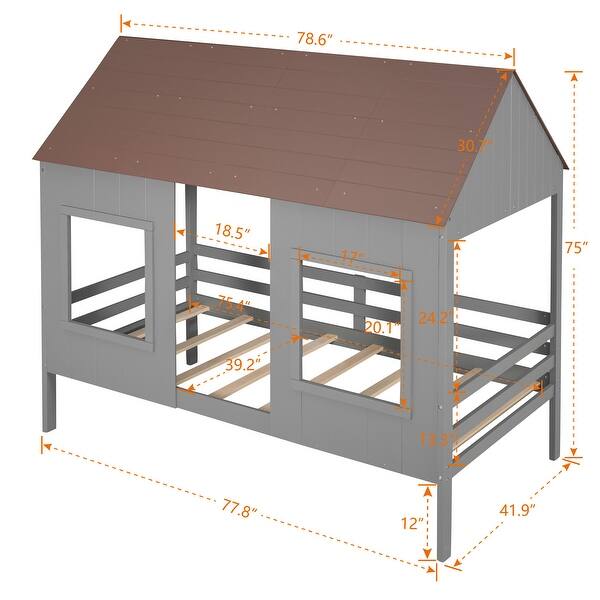 Tree House Style Twin Size Low Loft Bed with 2 Front Windows, Solid
