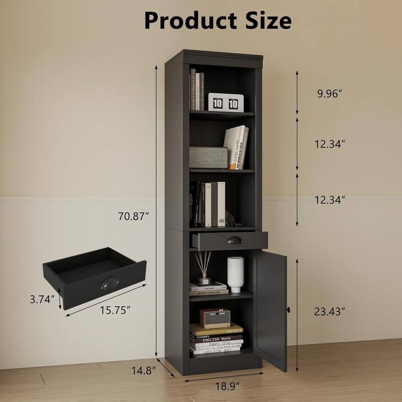 71 inch Tall Narrow Storage Bookcase with Drawers