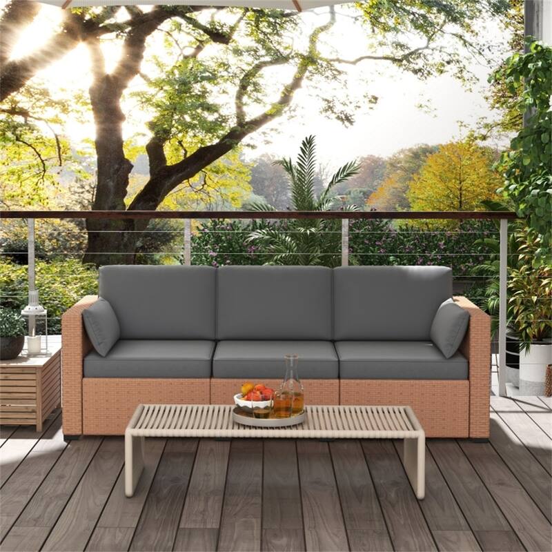 3-Seater Outdoor Rattan Sofa PE Wicker Galvanized Steel Frame Patio Deck Garden Couch with Cushions and Pillows