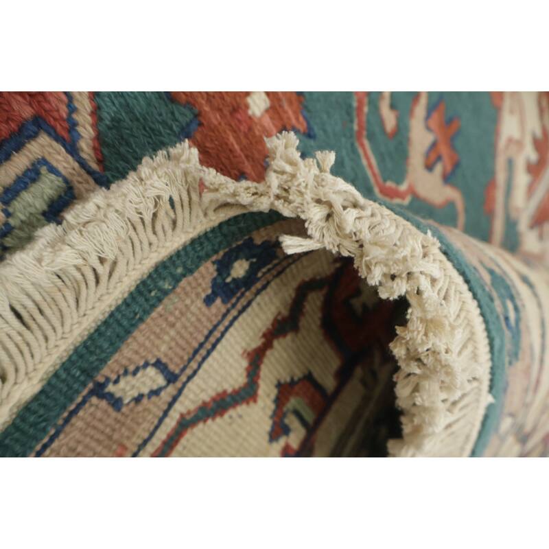 Hand Knotted Oriental 100% Wool Carpet Traditional Geometric Green Heriz (serapi) Area Rug - 8' 9'' X 5' 9''