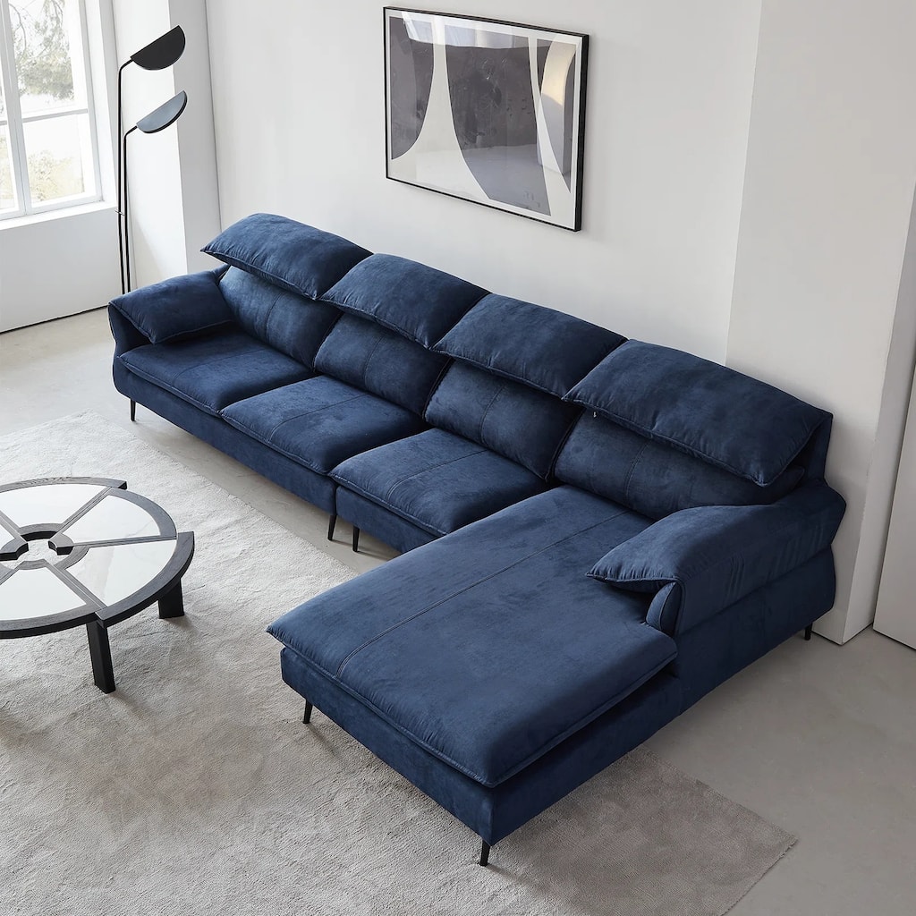Large Modern Upholstered L-Shaped Down Filled Sofa with Metal Legs