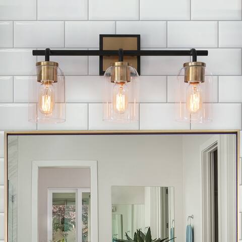 Modern Farmhouse Black Gold 3-Light Bathroom Vanity Light Cylinder Glass Wall Sconces - L19.5" x W7.5" x H10"