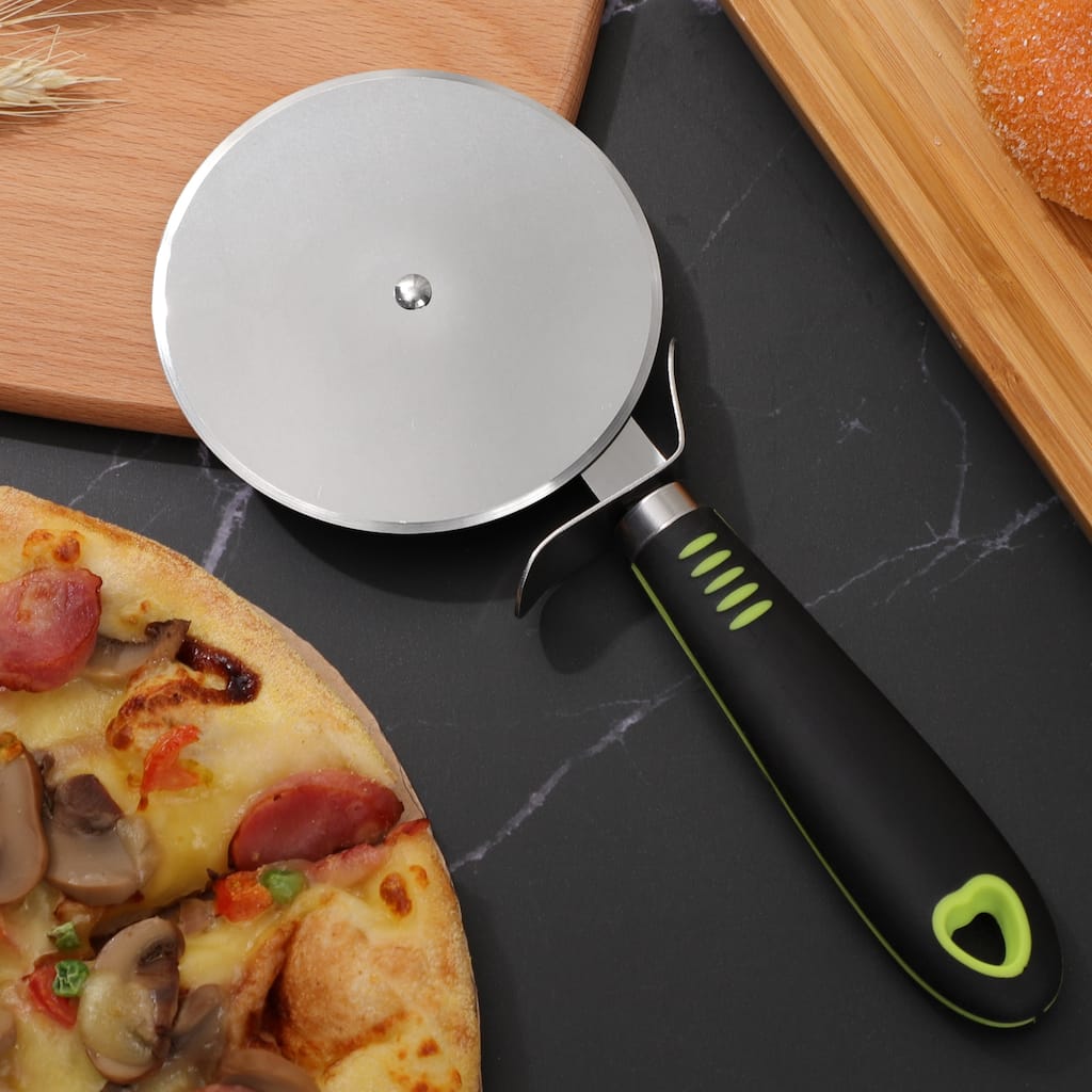 Pizza Cutter Wheel Slicer w Non-slip Handle, Stainless Steel Sharp Blade 4" - Black, Silver
