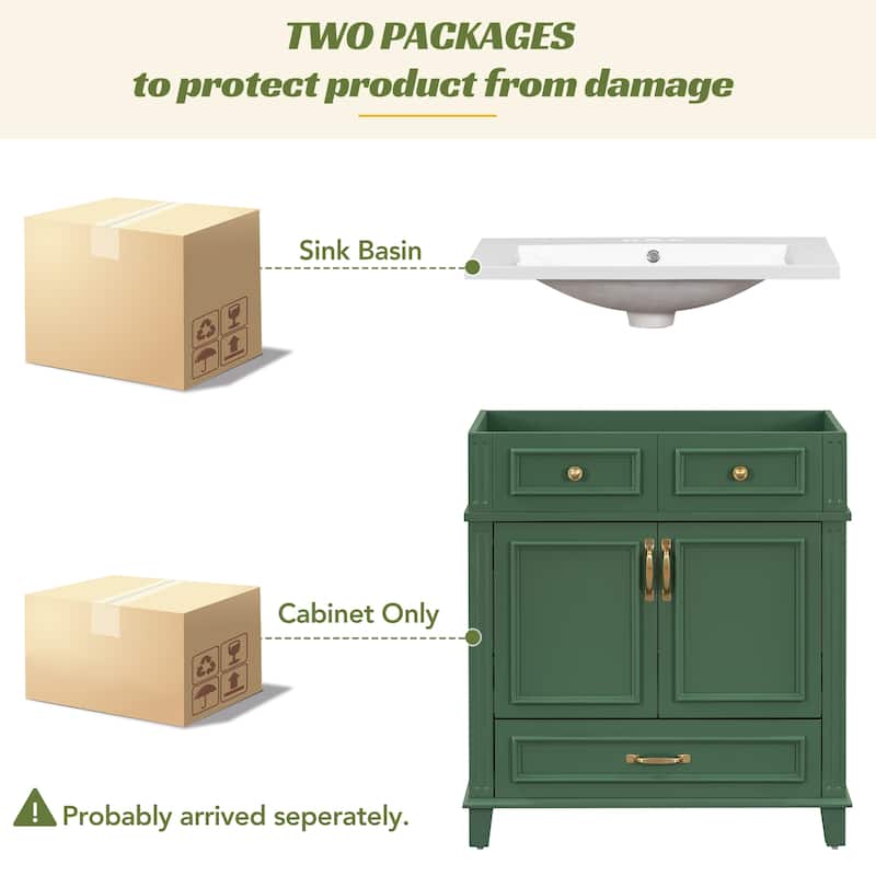 Roomfitters 30" Vanity with Resin Sink, Solid Wood Cabinet with Soft Closing Doors, Retro Freestanding Storage Style