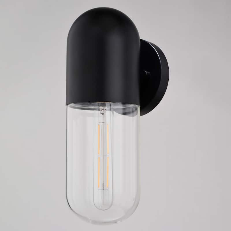 West Loop 1 Light Matte Black Contemporary Indoor-Outdoor Wall Sconce Clear Pill Glass - 4.75-in W x 12.5-in H x 5.5-in D