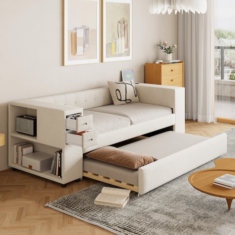 Roomfitters Twin Upholstered Bed with Storage, Twin Trundle, USB Charging Ports, and Luxurious French Velvet Fabric - Beige