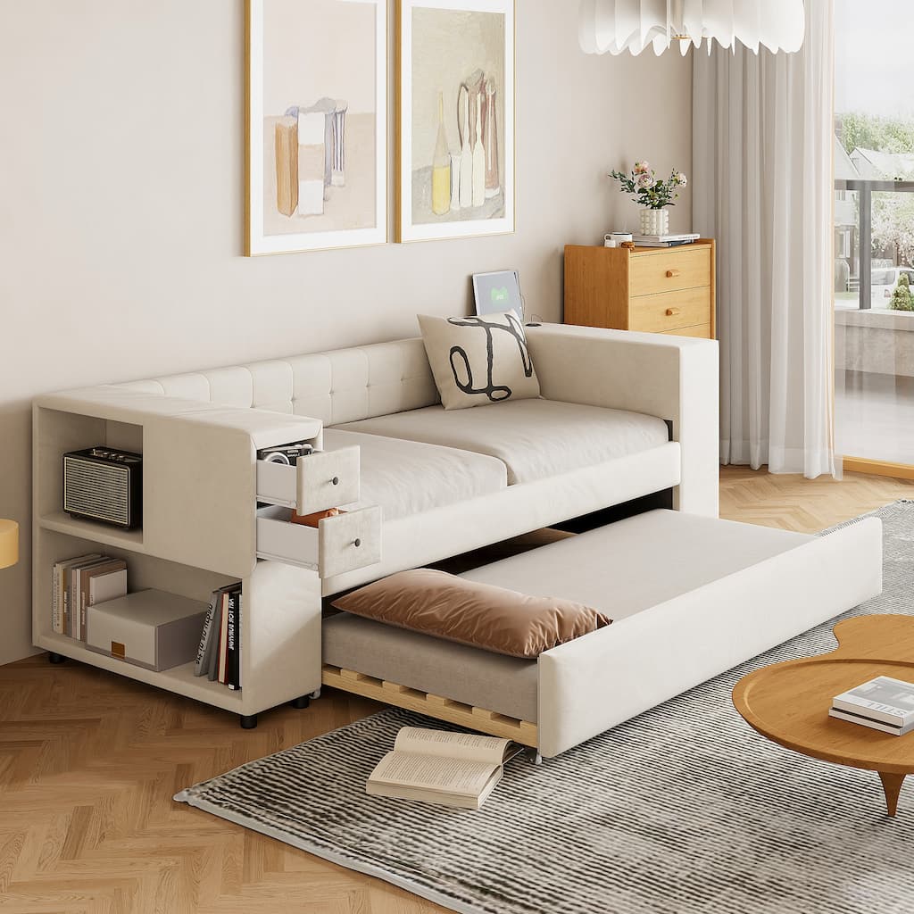 Twin Velvet Platform Bed with Trundle, USB, Drawers & Storage