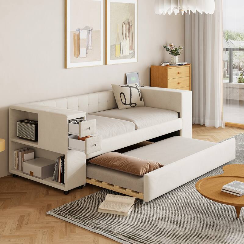 Twin Velvet Upholstered Platform Bed with Trundle, USB Charging, Storage Drawers, Beige/Gray - Beige - Twin