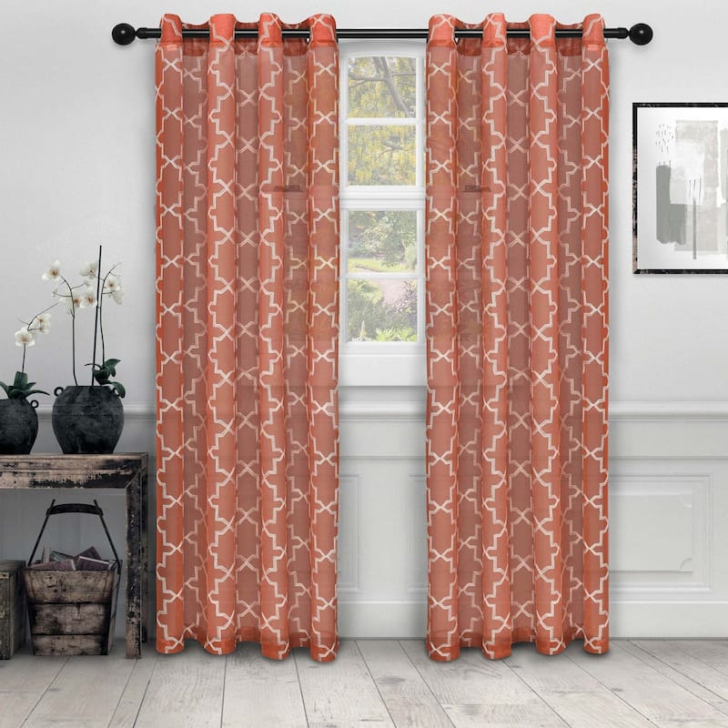 Superior Decorative Quatrefoil Embroidered Sheer Curtain Set with 2 Panels