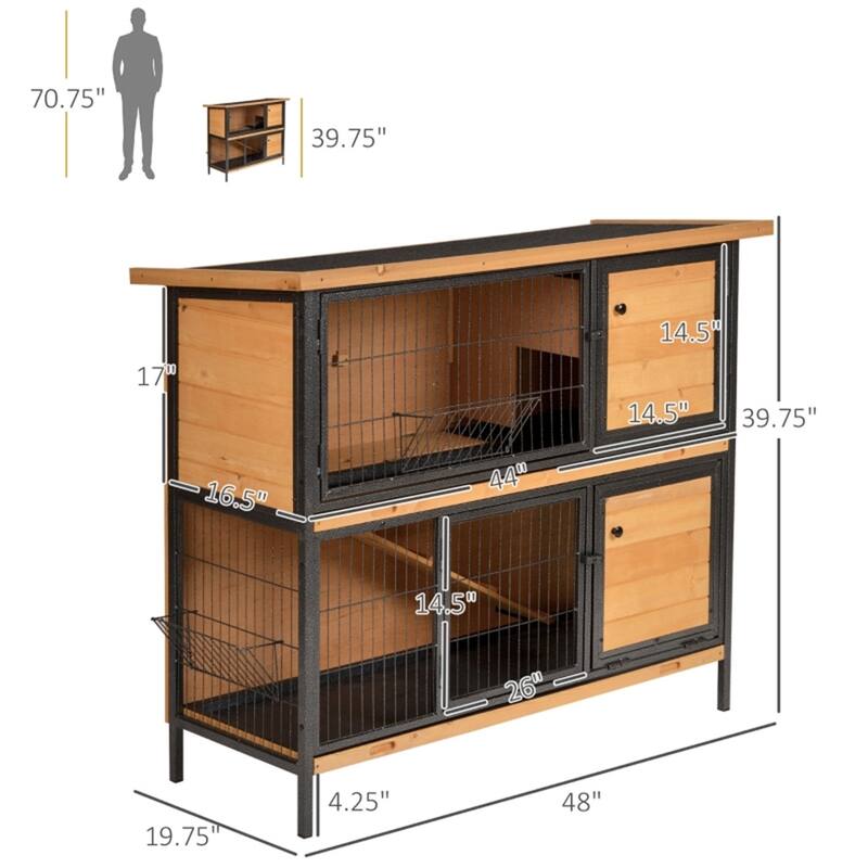 2-Level Bunny Hutch with Weather-Resistant Roof and Spacious Run Area and Removable Trays - 48" L x 19.75" W x 39.75" H
