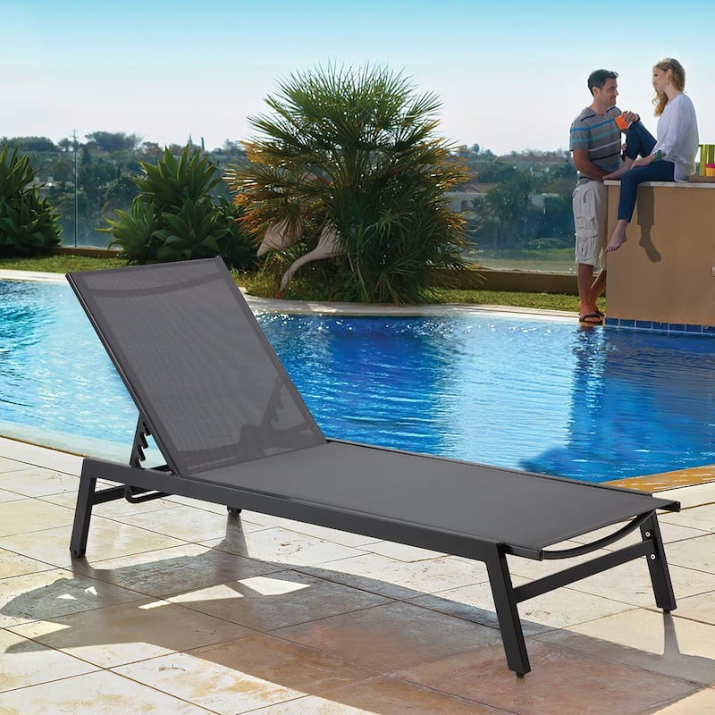 Erommy Outdoor Chaise Lounge, Aluminum Patio Lounge Chair with Wheels, All-Weather Five-Position Adjustable Reclining Chair