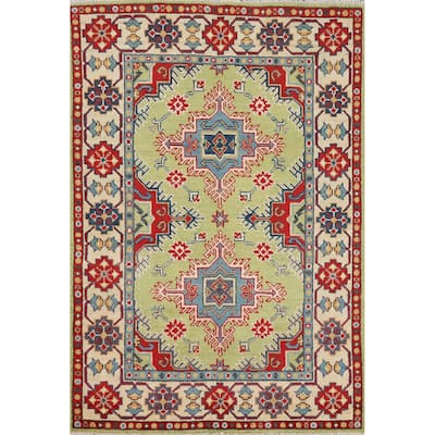 Pistachio Green Geometric Kazak Accent Rug Handmade Wool Carpet - 3'3" x 4'11"