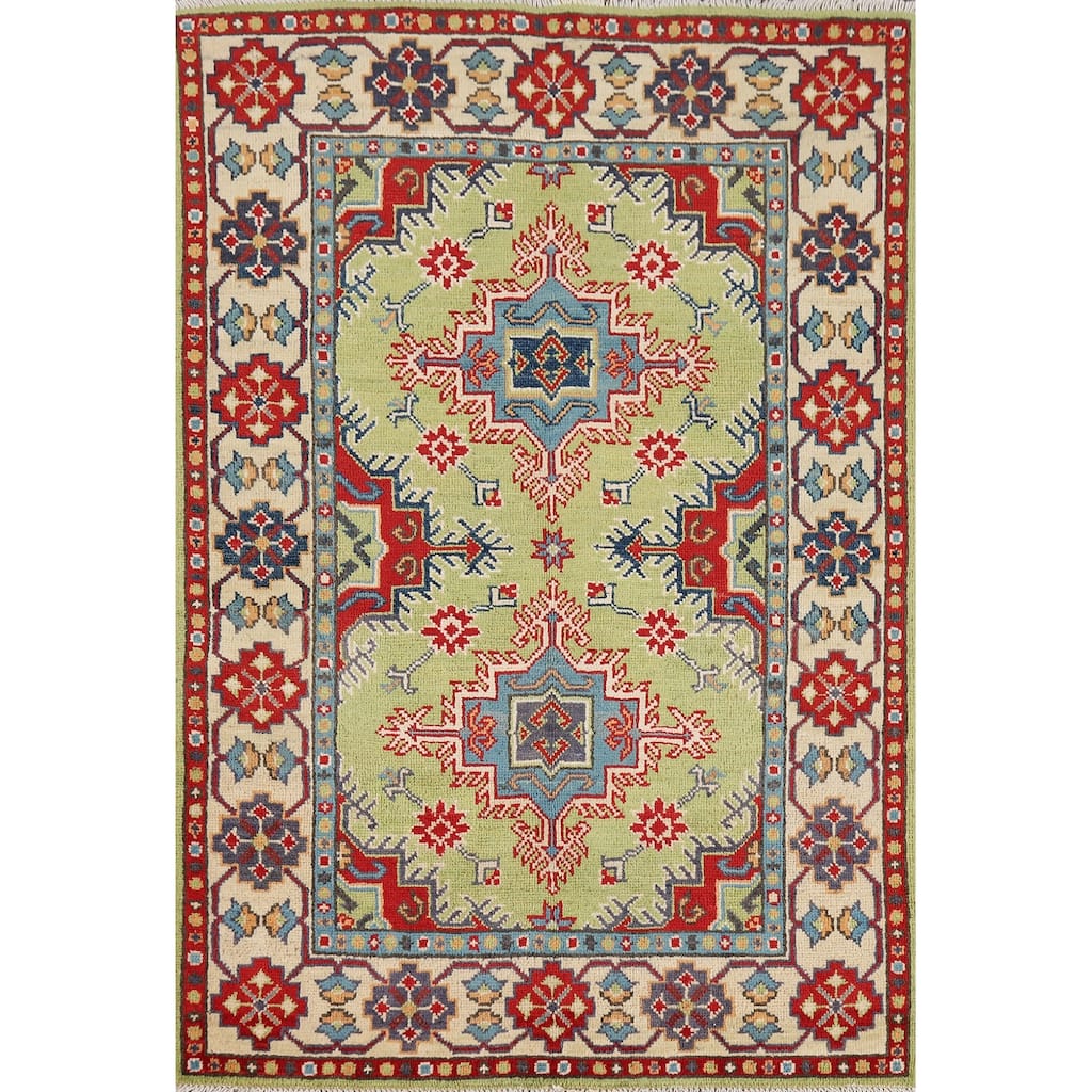 Pistachio Green Geometric Kazak Accent Rug Handmade Wool Carpet - 3'3" x 4'11"