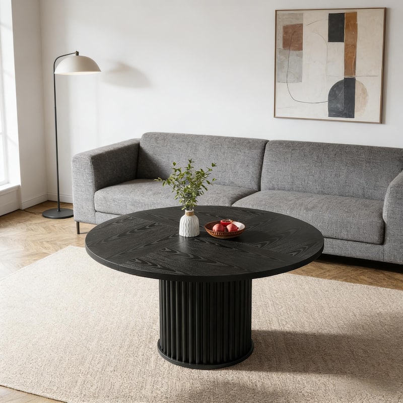 Round Dining Table with Fluted Base, Wood Kitchen Table, Home Office Table Meeting Table for 4-6 People