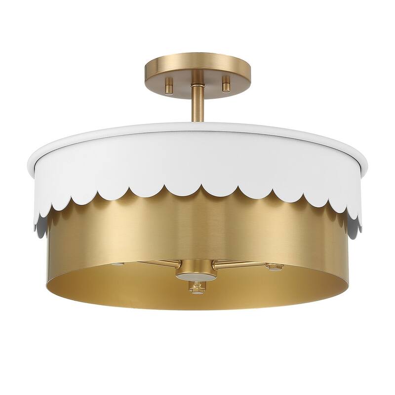 Meridian M60072 3 Light 16" Wide Semi-Flush Drum Ceiling Fixture - White / Natural Brass