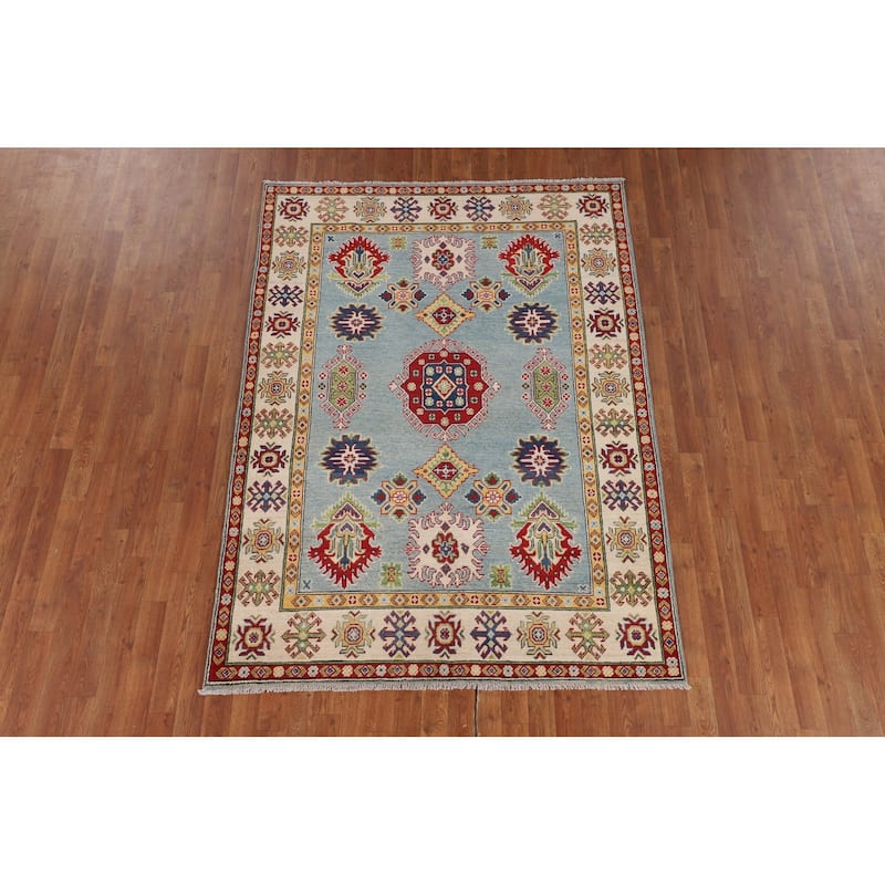 Light Blue Kazak Area Rug Handmade Traditional Wool Carpet - 5'1" x 6'11"