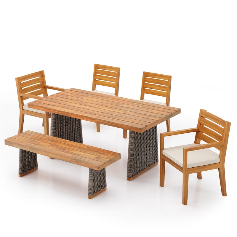 Christopher Knight Home - Kestrel Outdoor Acacia Wood 6 Piece Dining Set with Rattan Legs and Water Resistant Cushions