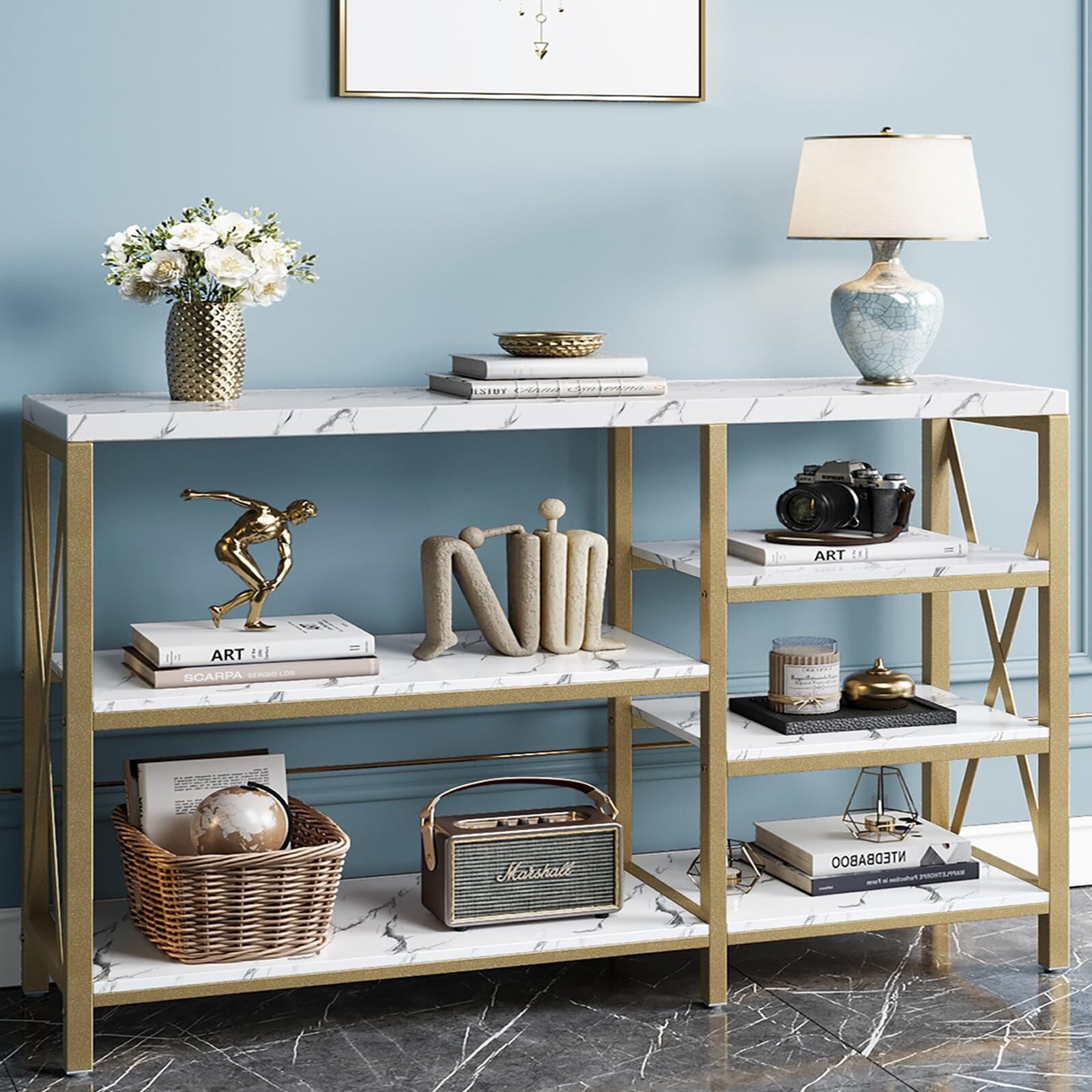 Modern Console Table Entryway Table Faux Marble Sofa Table with Storage Shelves Gold Accent Table for Living Room Bed Bath Beyond 38303872