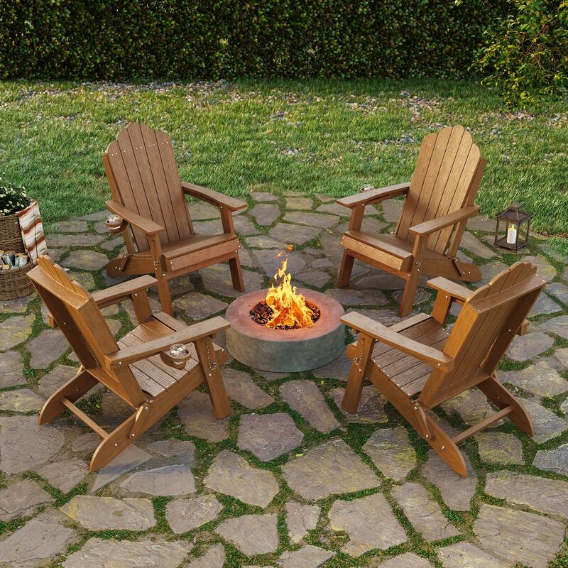 Foldable HDPE Adirondack Chair All-Weather W/ Cup Holder - Teak - 4-Piece