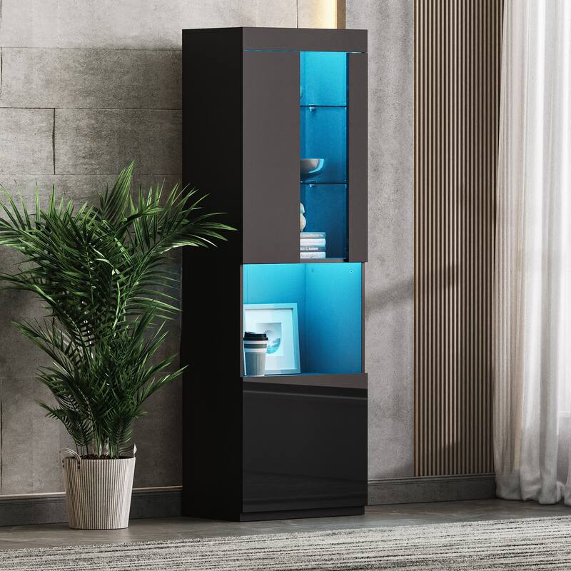 67" Tall Pantry Cabinet Storage Cabinet with LED Lights, Modern Bookcase&Display Cabinet with Tempered Glass Shelves - Black
