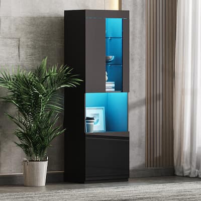 Roomfitters 67" Tall High Gloss Storage Cabinet, Modern Display with Acrylic Door and Tempered Glass Shelves