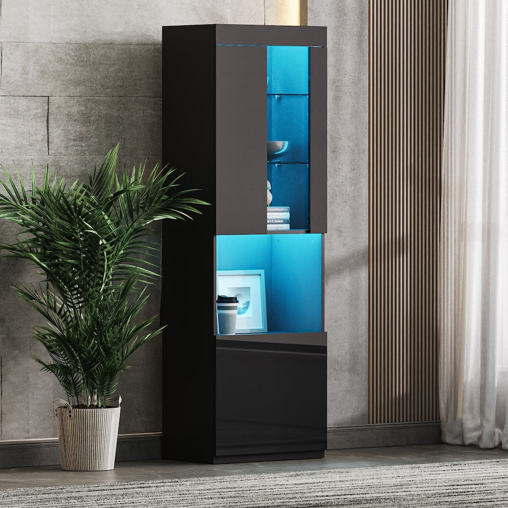 Roomfitters 67" Tall High Gloss Storage Cabinet, Modern Display with Acrylic Door and Tempered Glass Shelves