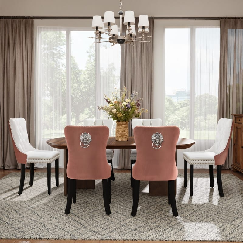 Modern Tufted Velvet Upholstered Nailhead Dining Chair Set of 6 - White Pink