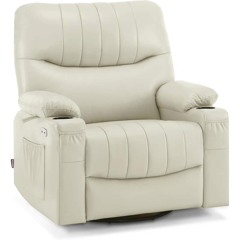 MCombo Faux Leather Power Recliner, Electric Swivel Glider Rocker Recliner for Nursery with USB Ports 7785 - White