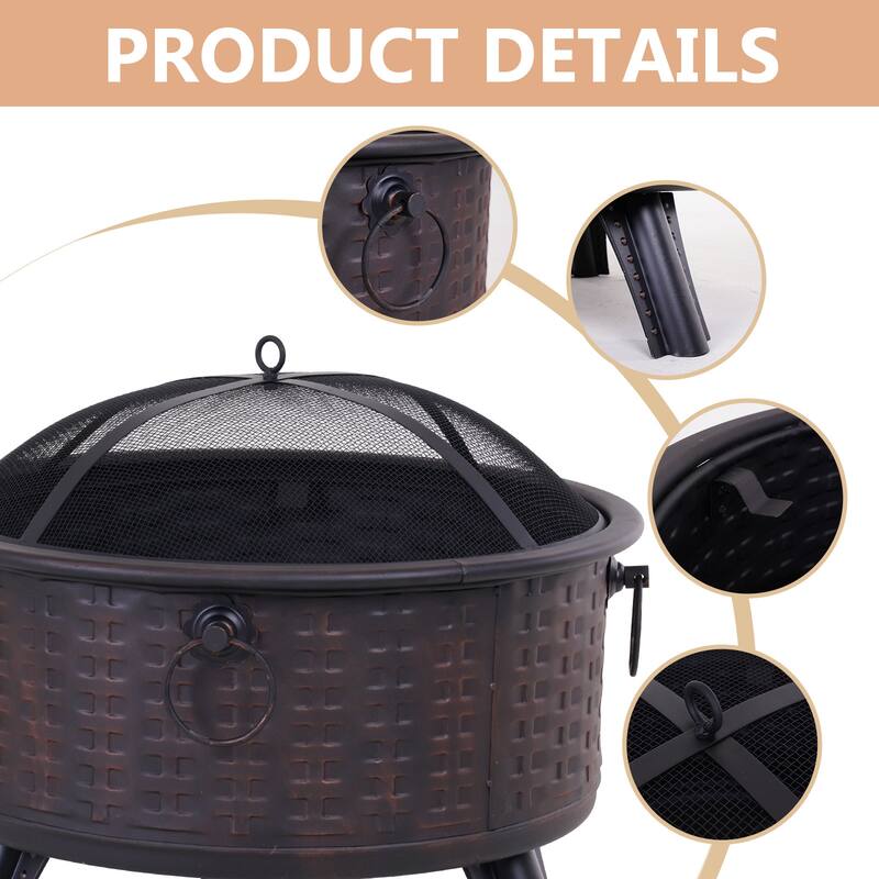 30-Inch Wood-Burning Steel Fire Pits, Round Steel Firepit for Patio Backyard Garden Outdoor Heating with Spark Screen, Poker