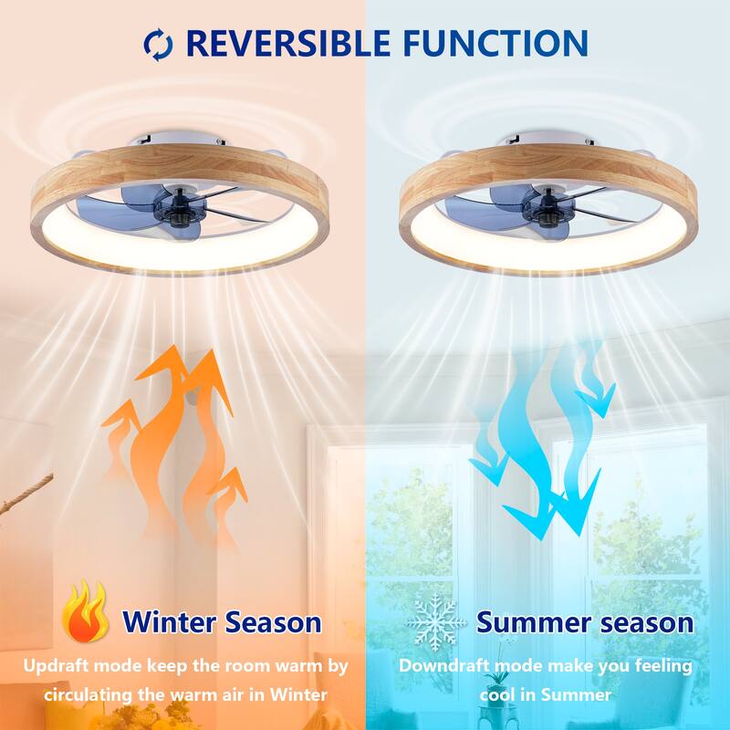 20" Farmhouse Natural Wood Flush Mount Ceiling Fan with Dimmable LED Light and Remote