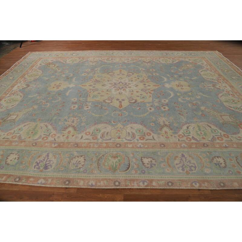 Blue Tabriz Persian Vintage Rug Hand-Knotted Wool Carpet - 9'9" x 13'1"
