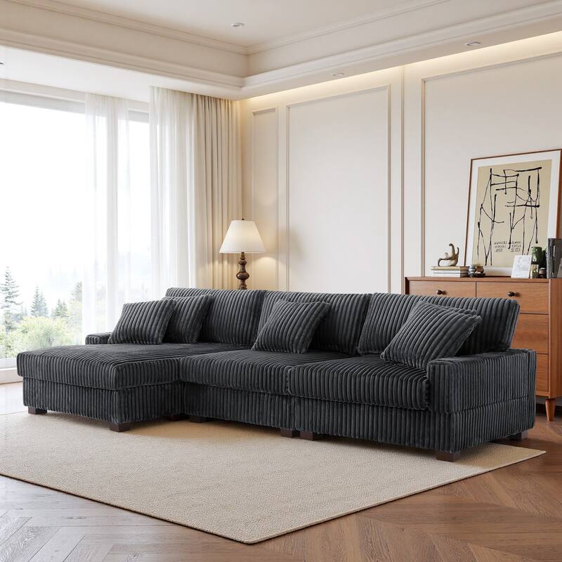 118.3" W Plush Corduroy Square Arm Upholstered Sectional Modular Sofa