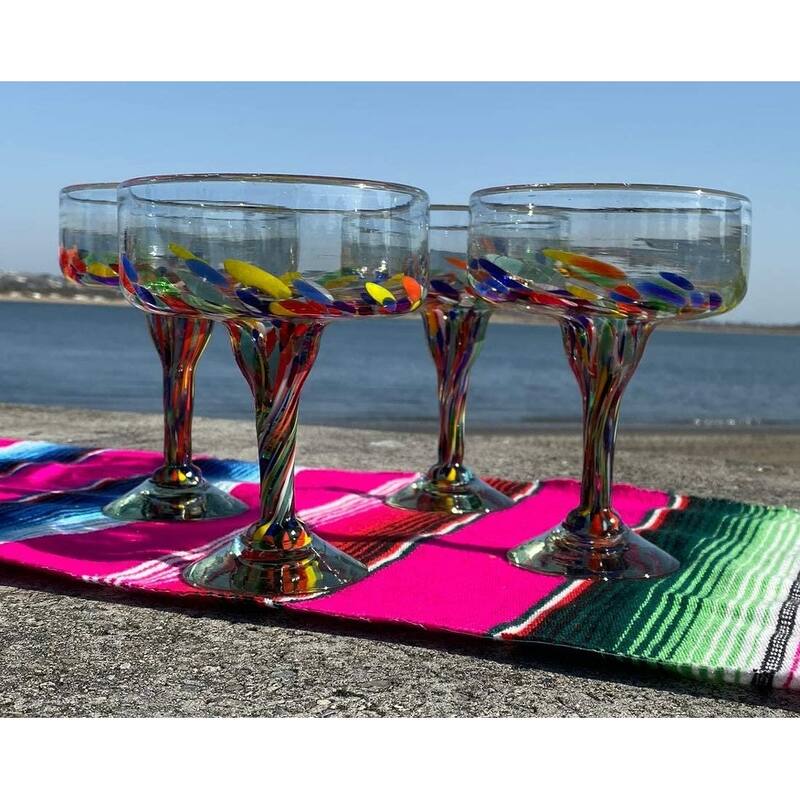 Dos Suenos Mexican Hand Blown Glass - Set of 4 Hand Blown Margarita Glasses Confetti Carmen (16 oz)