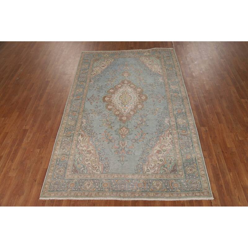 Hand Knotted Oriental 100% Wool Carpet Traditional Floral Navy Blue & Blues Tabriz Area Rug - 8' 11'' X 5' 8''