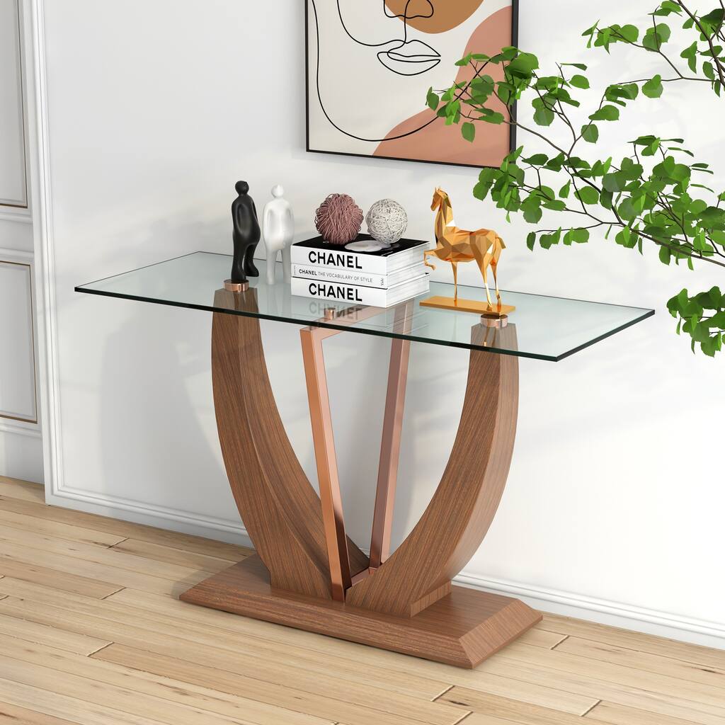 Minimalist glass table,with tempered glass table top and MDF wood texture sticker legs
