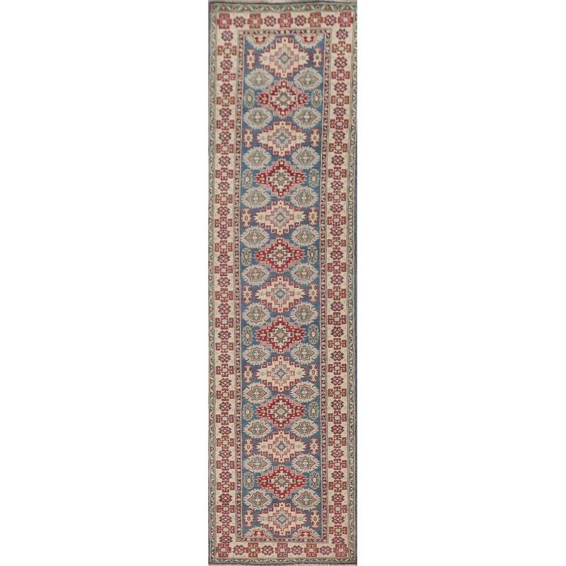 Geometric Kazak Runner Rug Hand-Knotted Blue Wool Carpet - 2'6" x 12'8"