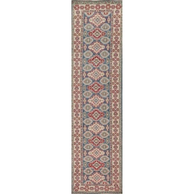 Geometric Kazak Runner Rug Hand-Knotted Blue Wool Carpet - 2'6" x 12'8"