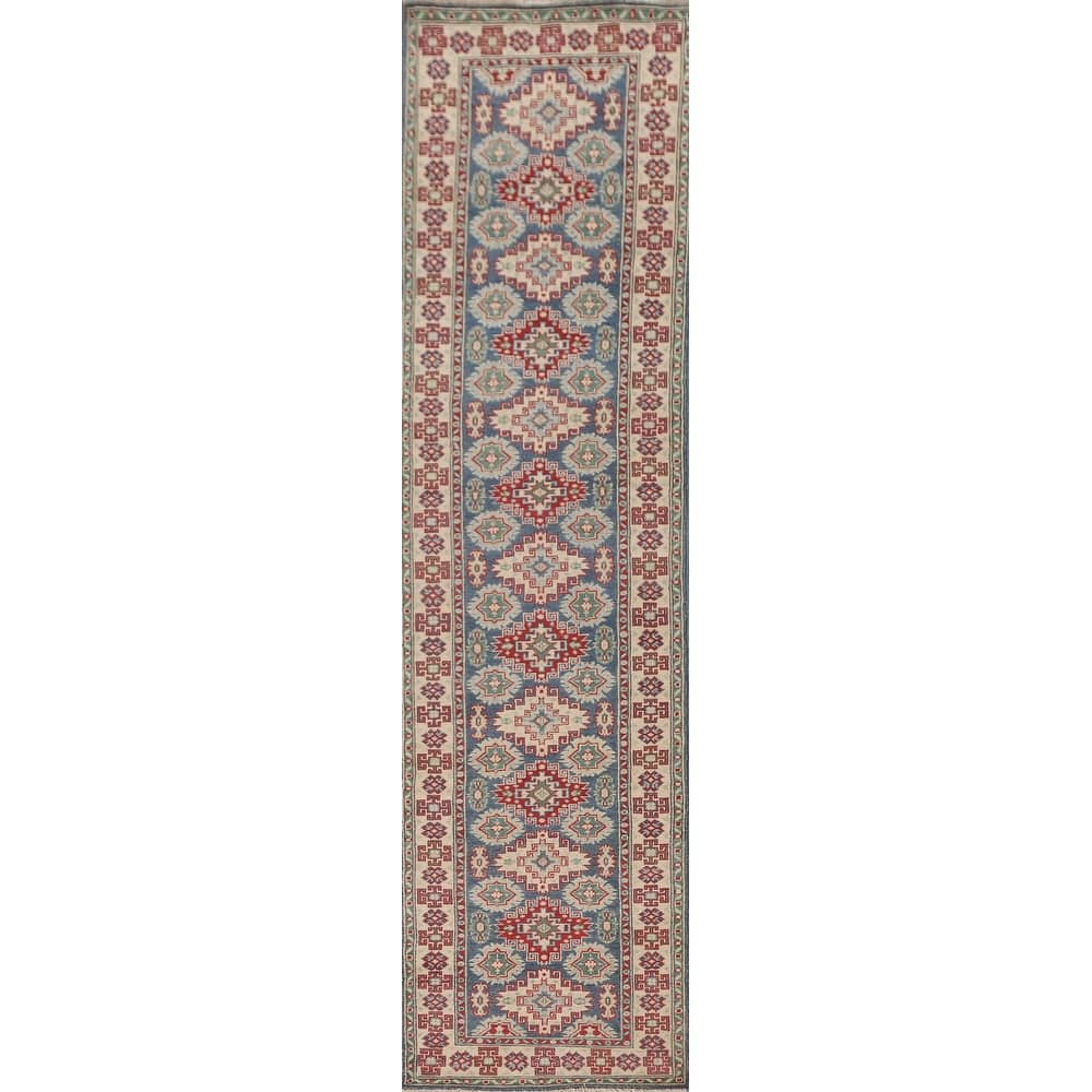 Geometric Kazak Runner Rug Hand-Knotted Blue Wool Carpet - 2'6" x 12'8"