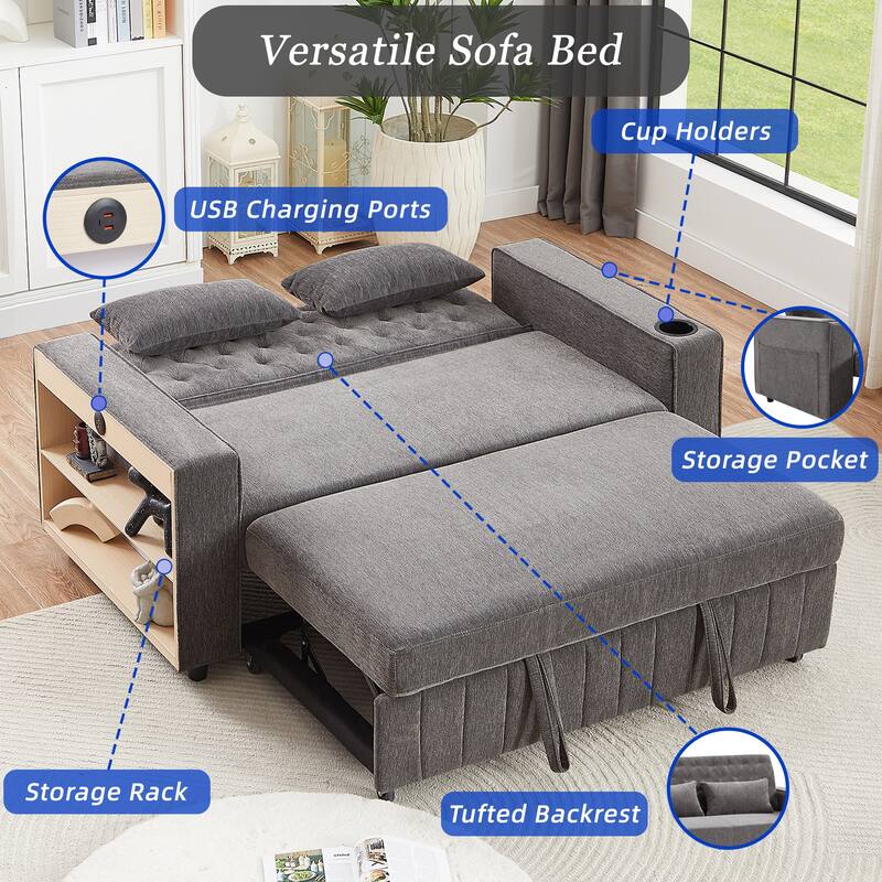 61.41" Chenille Convertible Sofa Bed with Adjustable Backrest, USB & Cup Holders