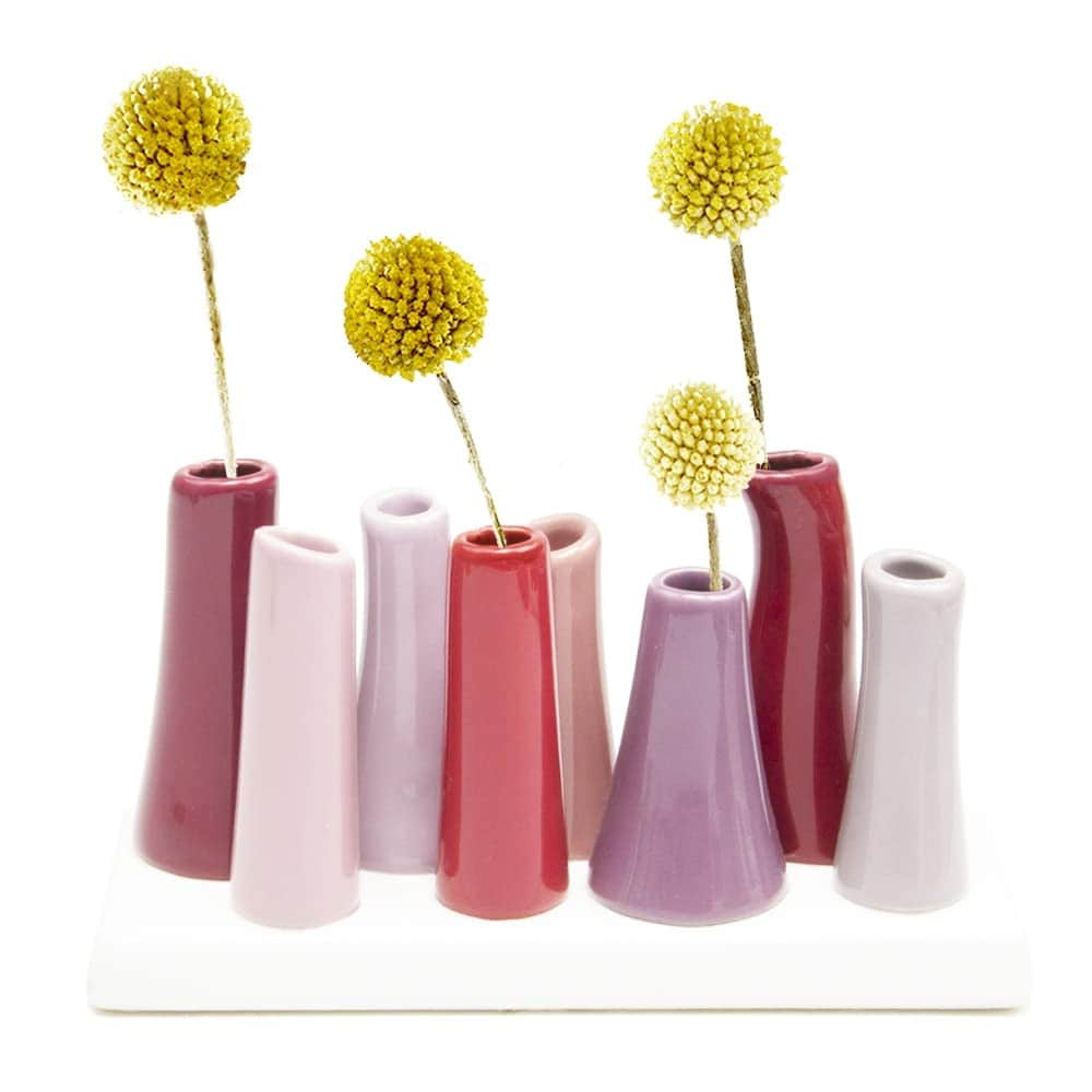 - Pooley 2, Ceramic Flower Vase, 8-Tube Shape (Sangria Red with Pink and Purple)