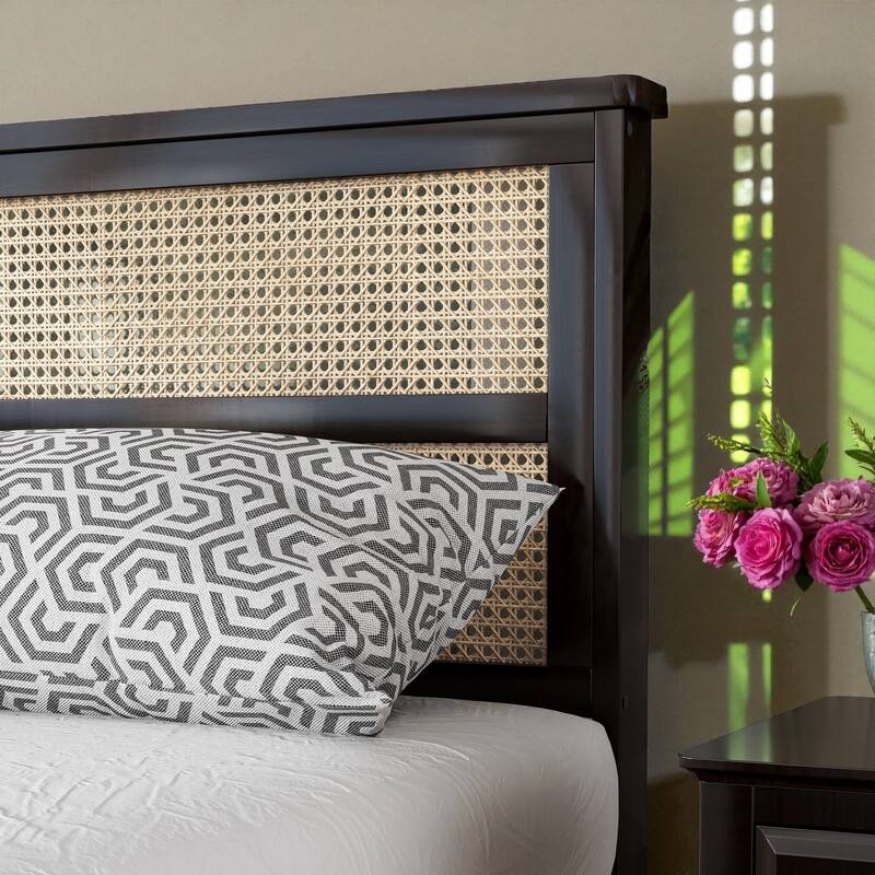 Queen Size Solid Rubber Wood Bed with Rattan Headboard, Durable Frame with Central Support Feet and Under-Bed Storage