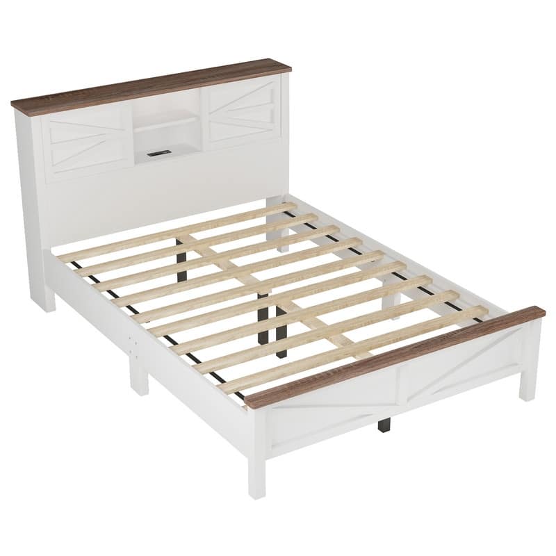3-Pieces Farmhouse Bedroom Sets, Platform Bed with Sliding Door Storage Headboard and Charging, Nightstand and Dresser