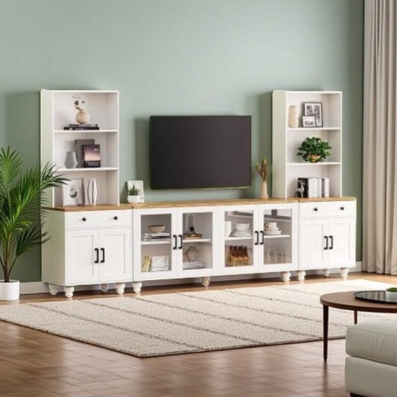 Entertainment Center for TVs Up to 70" with Adjustable Shelves, Tempered Glass Doors, Bookshelves & Storage Cabinets - White+Walnut