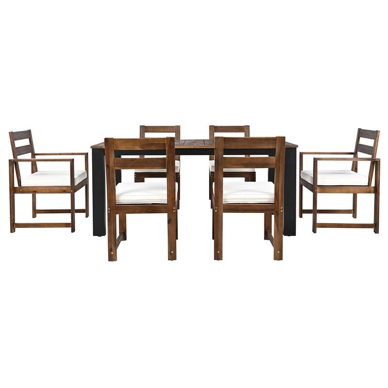 Wood Patio Dining Set with Table, 2 Armchairs & 4 Side Chairs, 7 Pcs - Beige,Black,Mocha